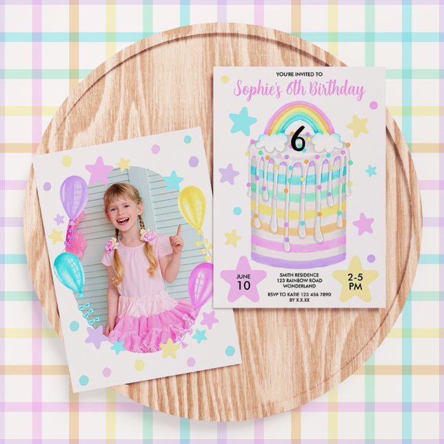Invitación Chica Foto Fiesta de Cumpleaños Arcoiris (Girls' Rainbow Cake Birthday Photo Invitation)