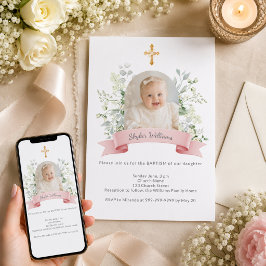 Invitación Chica foto rosa arco de flores blancas Bautizo