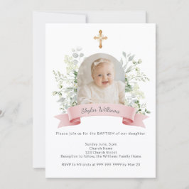 Invitación Chica foto rosa arco de flores blancas Bautizo