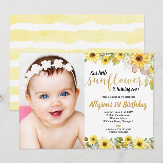 Invitación chica fotográfico amarillo de cumpleaños Sunflower (Anverso / Reverso)