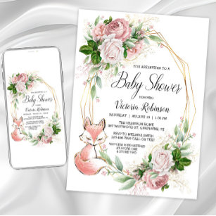 Invitación Chica Fox Watercolor Floral Baby Shower