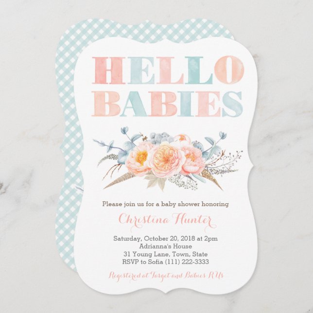 Invitación Chica Fraternal gemelos Baby Shower sin género (Anverso / Reverso)