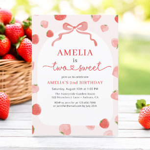 Invitación Chica Fresa Dos Dulces Bow Segundo Cumpleaños