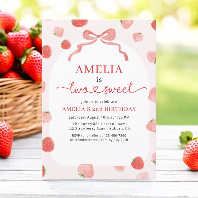 Invitación Chica Fresa Dos Dulces Bow Segundo Cumpleaños (Subido por el creador)