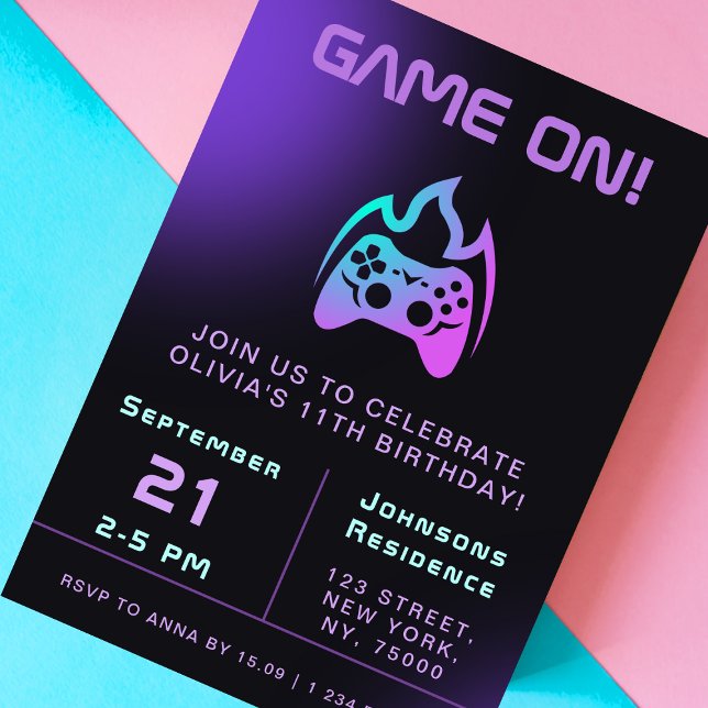 Invitación Chica Gamer Birthday Party Neon Video Game (Subido por el creador)