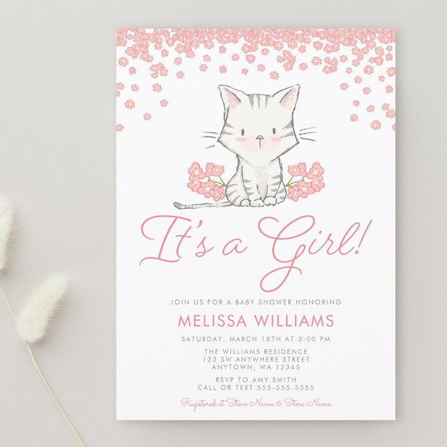Invitación Chica Gatito Flores Rosadas Baby Shower (Subido por el creador)