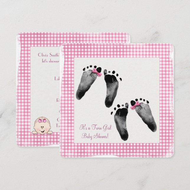 Invitación Chica gemela Baby Shower con huellas (Anverso / Reverso)