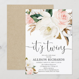 Invitación Chica gemela chica ducha de bebé blanca, rústica y