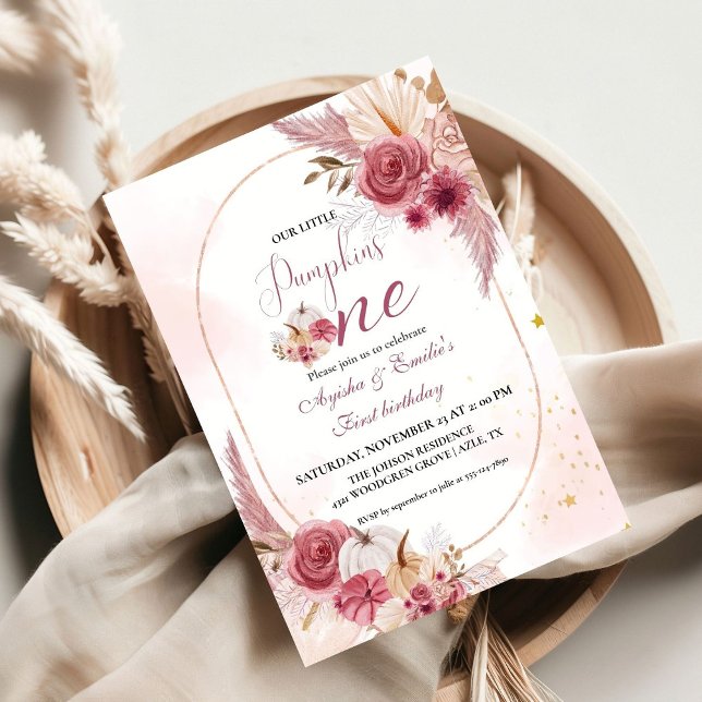 Invitación Chica gemela de calabaza rosa pequeño primer cumpl (Subido por el creador)