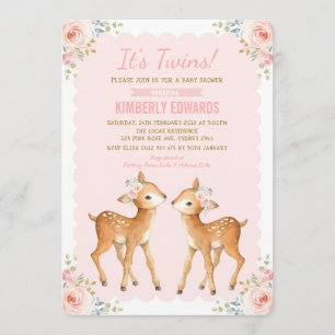 Invitación Chica gemelo Baby Shower Deer Rubor Floral rosa