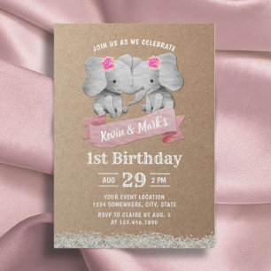 Invitación Chica gemelo Cute elefante Kraft cumpleaños