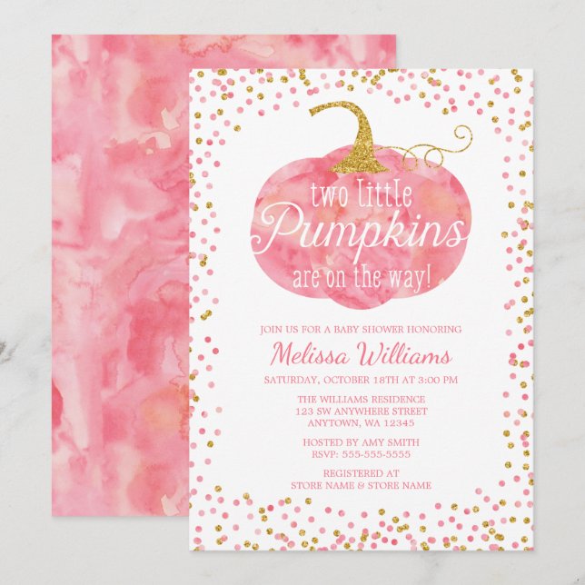 Invitación Chica gemelo de calabaza de oro rosa caída Baby Sh (Anverso / Reverso)
