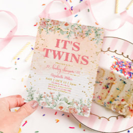 Invitación Chica gemelo de flor rosa de color de agua Baby Sh