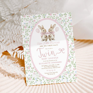 Invitación Chica gemelo de globo de conejo floral rosa Baby S