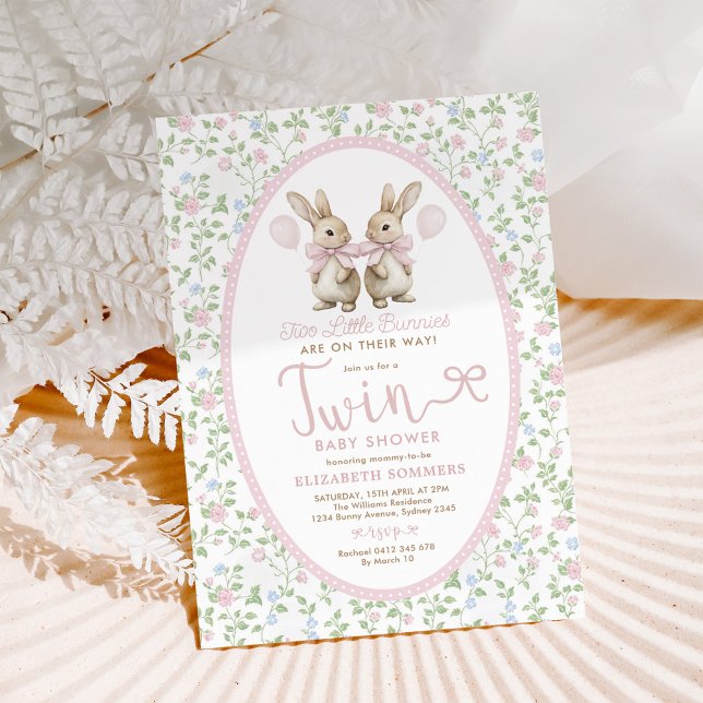 Invitación Chica gemelo de globo de conejo floral rosa Baby S (Subido por el creador)