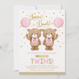 Invitación Chica gemelo de Oro Rosa Teddy Bear Balloon