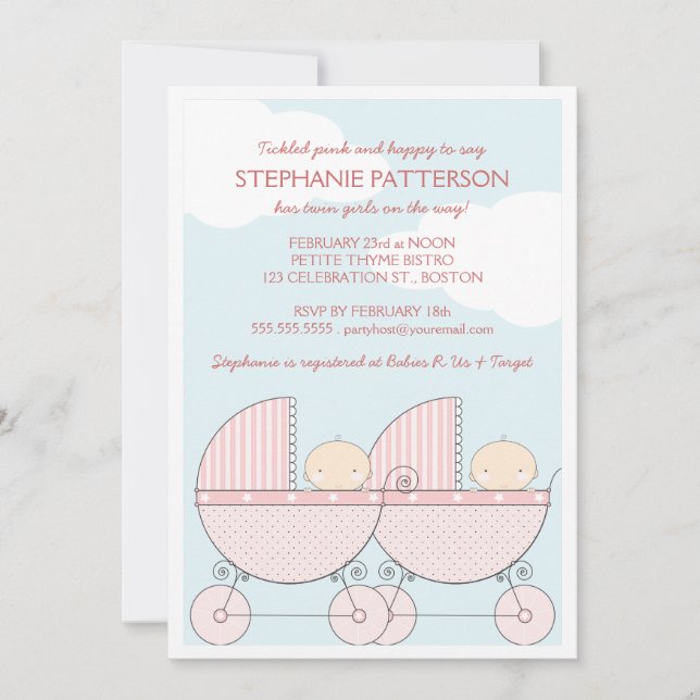 Invitación Chica gemelo de transporte rosa feliz Baby Shower (Anverso)