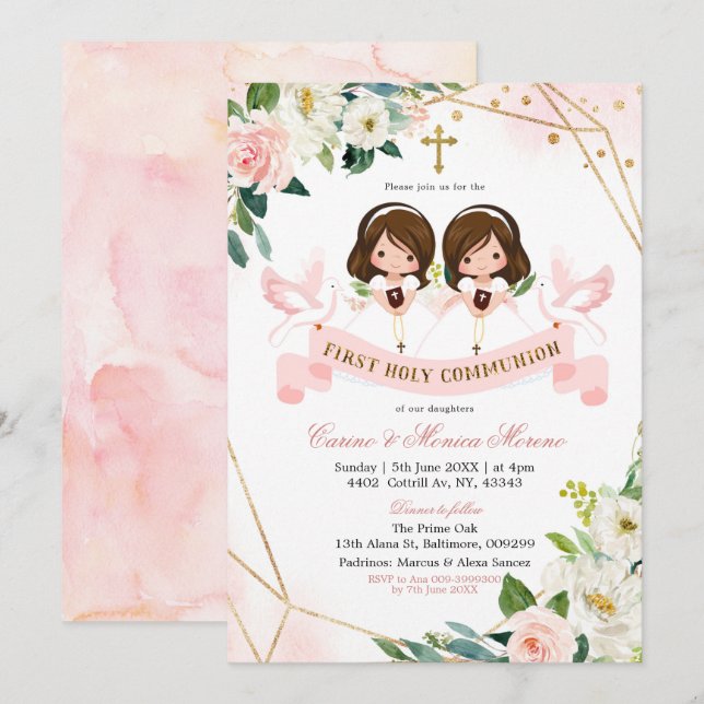 Invitación Chica gemelo floral rosado y dorado Primera Santa  (Anverso / Reverso)