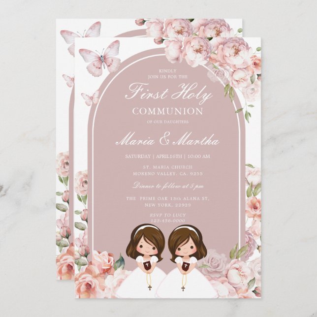 Invitación Chica gemelo lindo primero Comunión floral rosa (Anverso / Reverso)