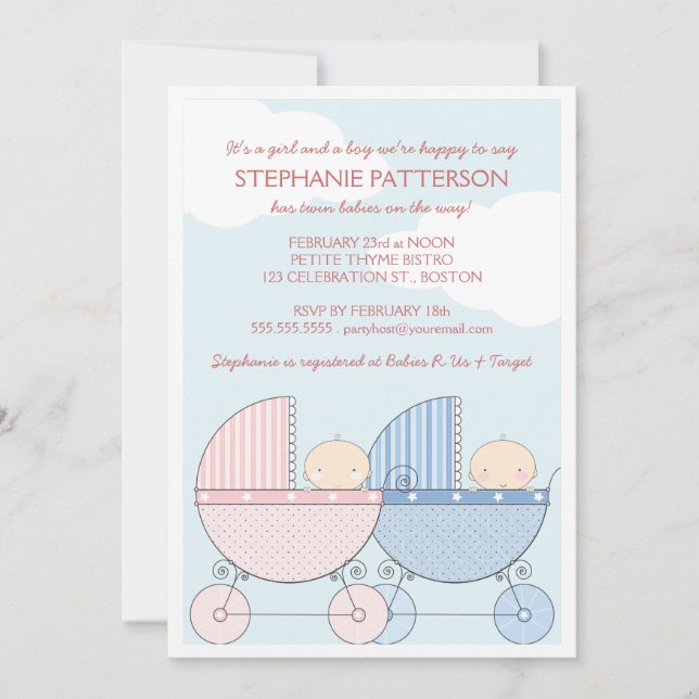 Invitación Chica gemelo y transporte de niños feliz Baby Show (Anverso)