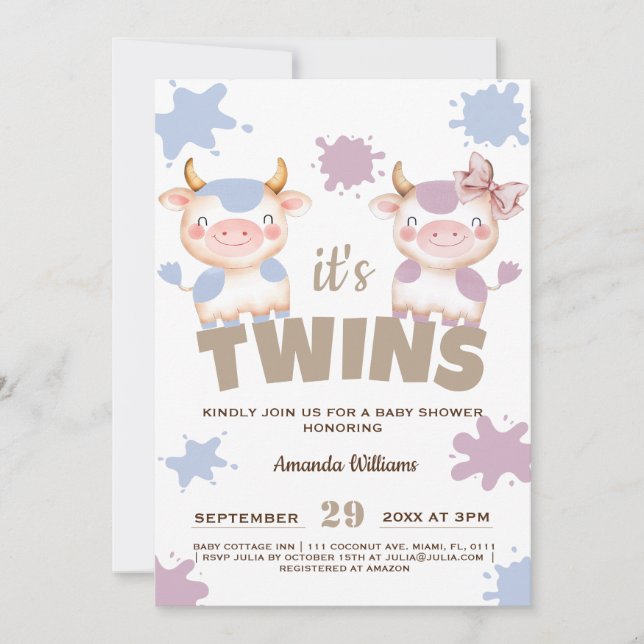 Invitación Chica gemelos de vaca sagrada ducha bebé (Anverso)