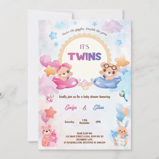 Invitación Chica gemelos niño oso avión Baby Shower (Anverso)