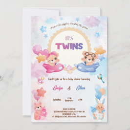 Invitación Chica gemelos niño oso avión Baby Shower