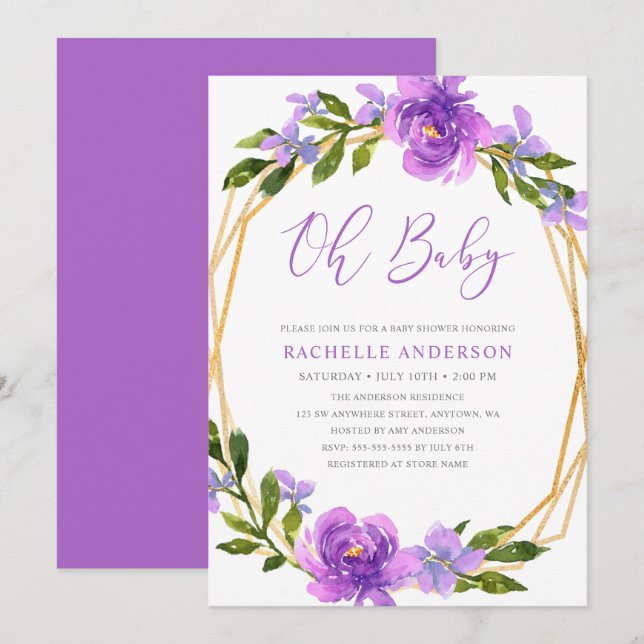 Invitación Chica Geométrico Purple Gold Floral Baby Shower (Anverso / Reverso)