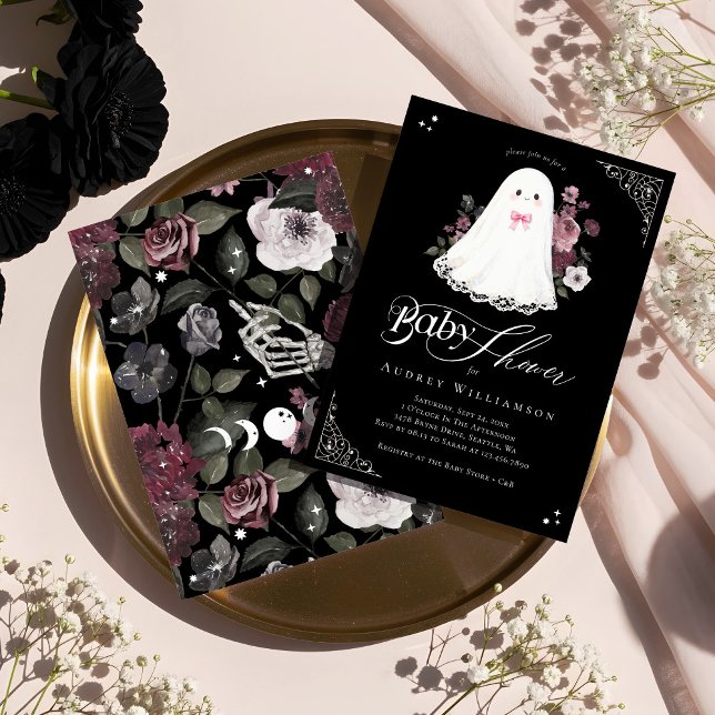 Invitación Chica Ghost Little Boo Floral Gothic Baby Shower (Girl Ghost Little Boo Floral Gothic Baby Shower Invitation)