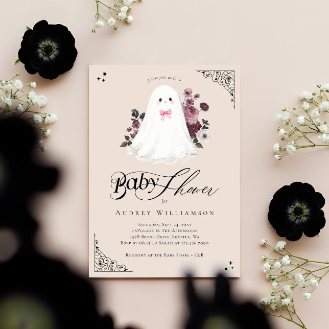 Invitación Chica Ghost Little Boo Floral Gothic Baby Shower (Girl Ghost Little Boo Floral Gothic Baby Shower Invitation)