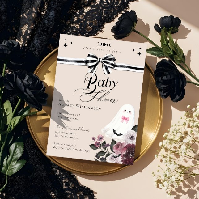 Invitación Chica Ghost Little Boo Floral Gothic Baby Shower (Girl Ghost Little Boo Floral Gothic Baby Shower Invitation)