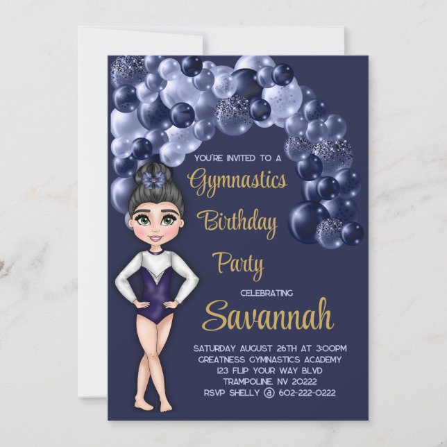 Invitación Chica Gimnasia Fiesta de cumpleaños Globos Azules  (Anverso)
