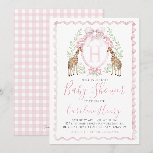 Invitación Chica Giraffe Baby Shower Preppy Pink Gingham (Anverso / Reverso)