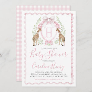 Invitación Chica Giraffe Baby Shower Preppy Pink Gingham