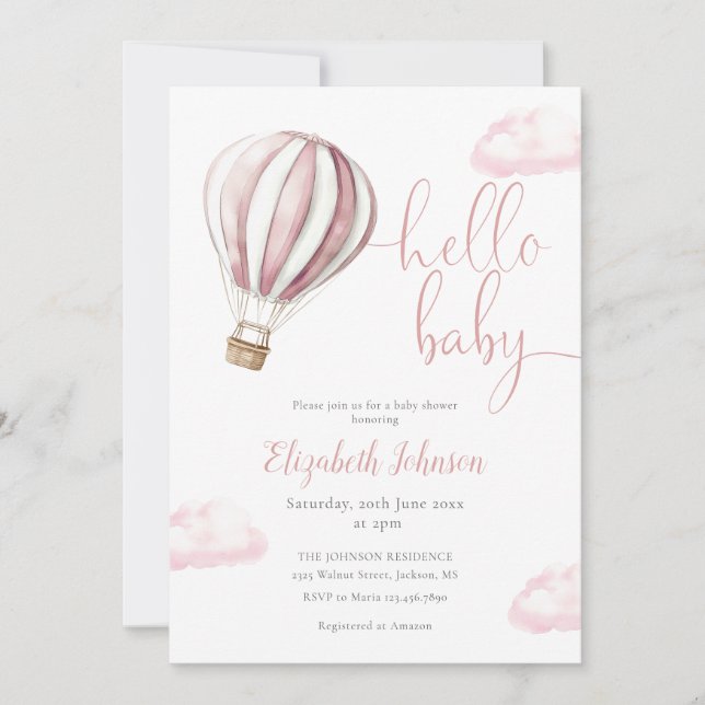 Invitación Chica globo aerostático rosa Código QR Foto Baby S (Anverso)