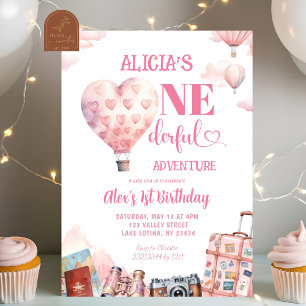 Invitación Chica Globo Aerostático Rosa Cumpleaños 1 Mundo On