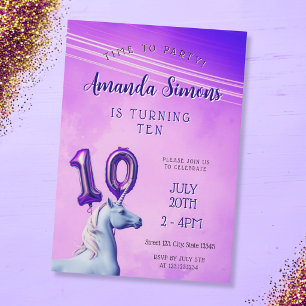 Invitación Chica Globo Unicornio Gradiente Púrpura Cumpleaños