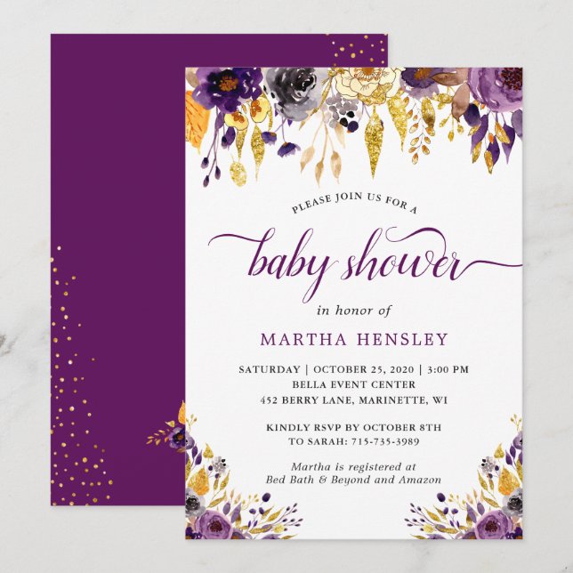 Invitación Chica Gold Purple Floral Moderno Script Baby Showe (Anverso / Reverso)