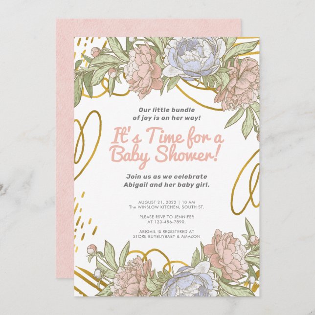 Invitación Chica Gold Watercolor Floral & Greenery Baby Showe (Anverso / Reverso)