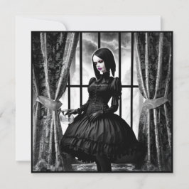 Invitación Chica gótica de Halloween en blanco y negro