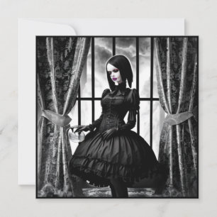 Invitación Chica gótica de Halloween en blanco y negro