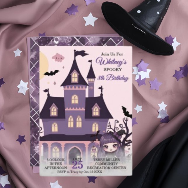 Invitación Chica gótico del cumpleaños púrpura espeluznante (Spooky Cute Purple Birthday Gothic Girl Invitation)