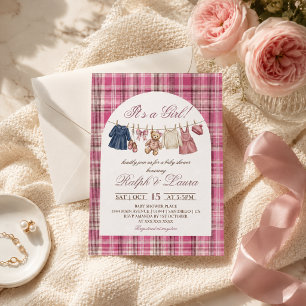Invitación Chica Grandmillennial de Lujo Baby Shower Rosa Oso