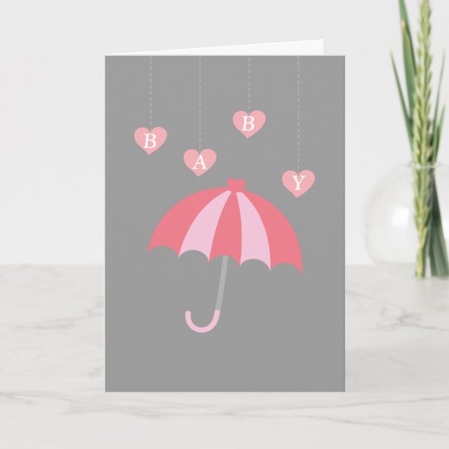 Invitación Chica gris Baby Shower con amor y paraguas rosado (Anverso)