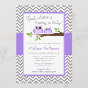 Invitación Chica gris Baby Shower de Chevron del búho púrpura