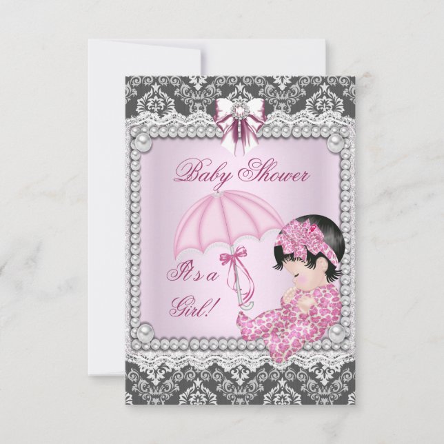 Invitación Chica gris rosado bonito Baby Shower Damask (Anverso)