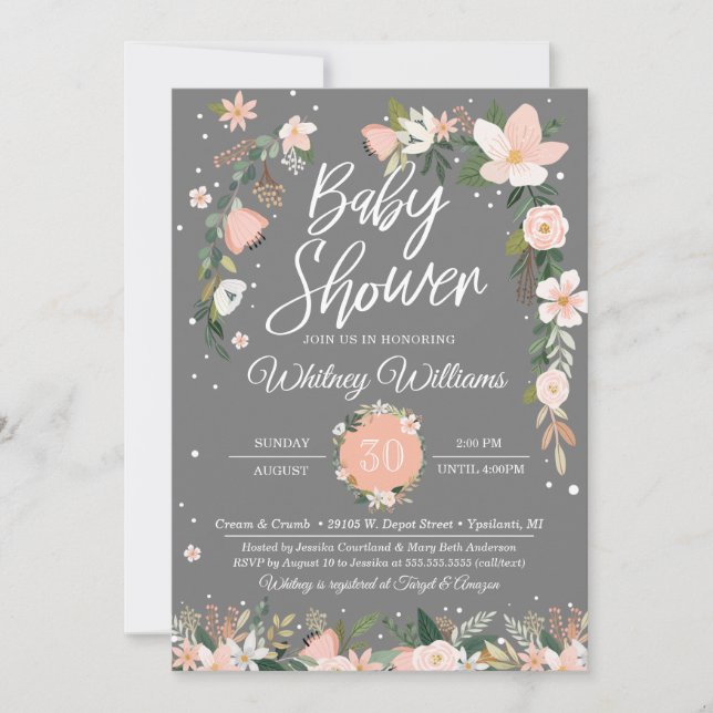 Invitación Chica gris rosado floral caprichoso Baby Shower de (Anverso)