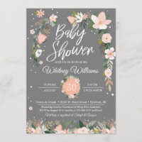 Chica gris rosado floral caprichoso Baby Shower de