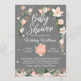 Invitación Chica gris rosado floral caprichoso Baby Shower de