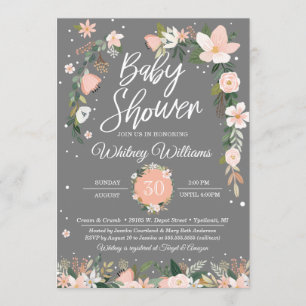 Invitación Chica gris rosado floral caprichoso Baby Shower de